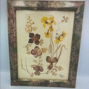 Vintage 1980's Pressed Flowers Paper Framed 12x10 Folk Artist Signed Wall Hang